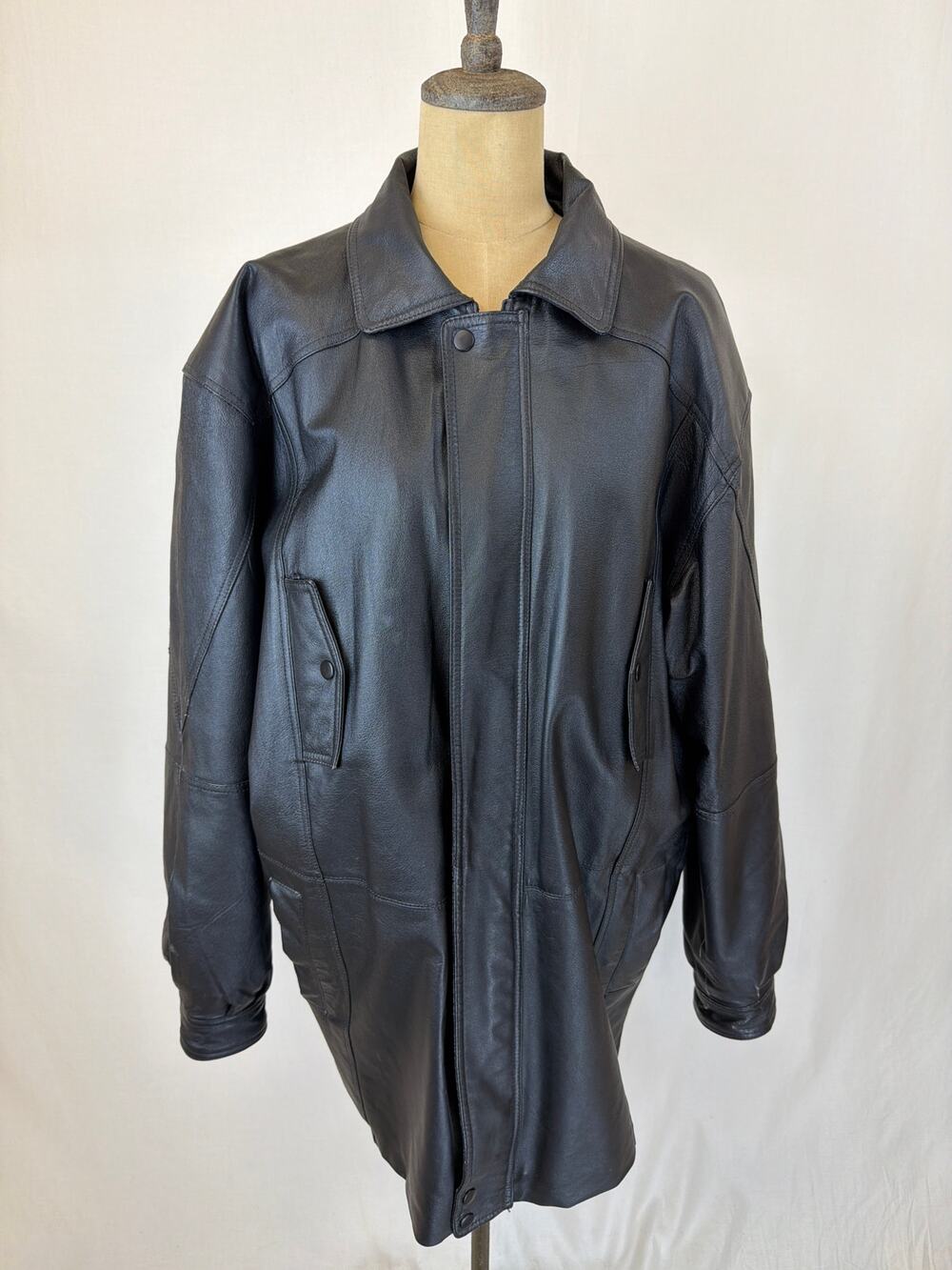 Charles Klein Black Leather Long Jacket Large #0546
